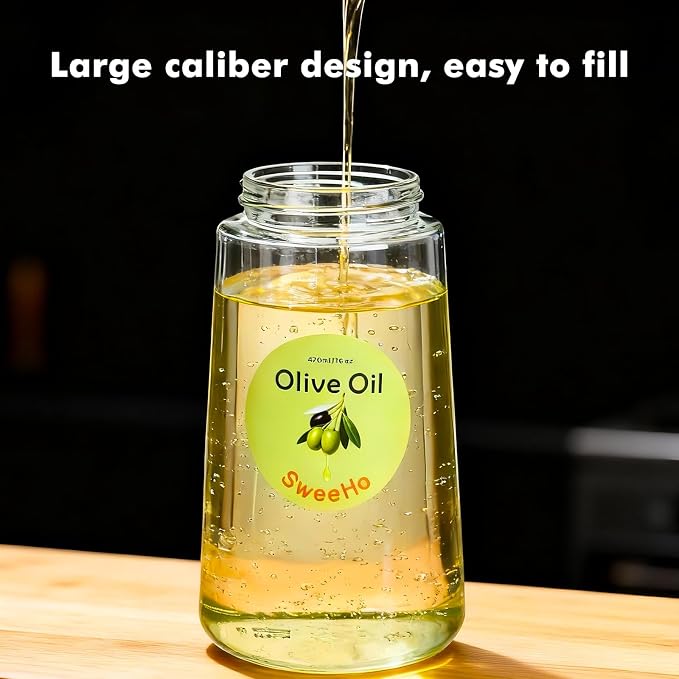 Oil Sprayer for Cooking,470ml Cooking Olive Oil Sprayer and Oil Dispenser 2 In 1, Food-grade Glass Oil Spray Bottle Mister for Air Fryer, BBQ, Griddle (Black+transparent glass and color label)