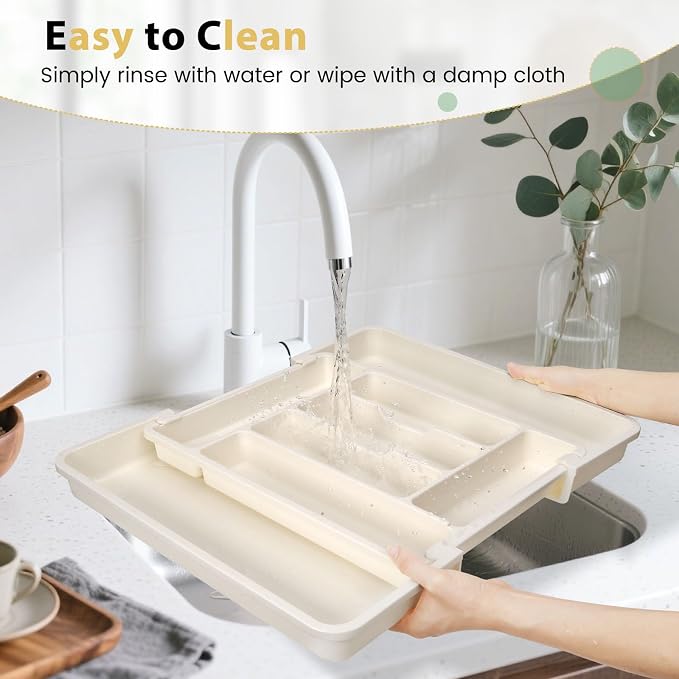 Caperci Large Silverware Organizer for Kitchen Drawer & Utensils - Expandable Drawer Organizer for Cutlery, Flatware & Gadget, BPA-Free Thick Plastic, Wider Compartments & Non-skid Feet (Tofu)