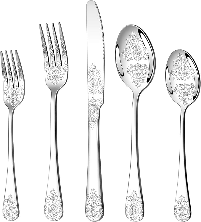40 Pcs Silverware Set for 8, Food Grade Stainless Steel Flatware Set, Eating Utensils Sets Include Fork/Knife/Spoon, Reusable Cutlery Set for Home Kitchen, Dishwasher Safe, Embossed pattern-2