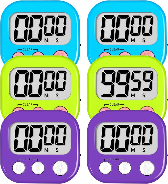 ZILLEEN Digital Kitchen Classroom Timers for Kids Cooking 6pcs Blu Grn Pur | Strong Magnetic, Large Screen, Big Button, Count Up/Down, Loud Alarm, Teacher Classroom Must Haves Supplies