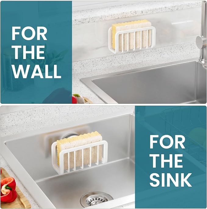 TAILI Rustproof Sponge Holder for Kitchen Sink with Suction Cup-White | Rustproof Aluminum Sink Caddy for Sponges, Brushes, Stoppers & Scrapers,Removable Ventilated Quick-dry Design, Holds Up 11lbs