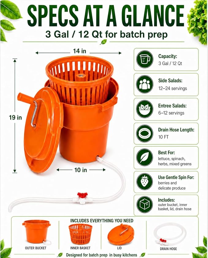 Commercial Salad Spinner - 3 Gallon Large Capacity Lettuce Dryer | 10 Ft Drain Hose & Stop Valve, 12Qt Manual Vegetable Spinner for Restaurants, Catering and Meal Prep