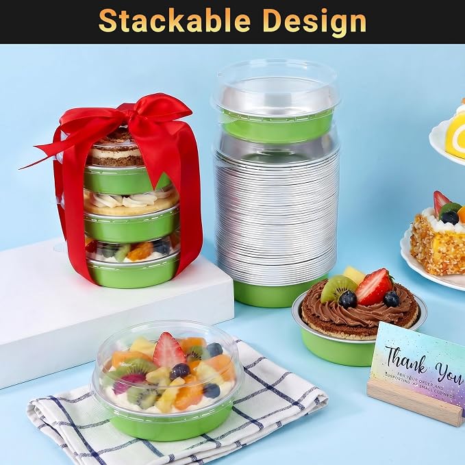 Beasea Mini Tart Pans with Lids 20 Pack, 4" 7.3oz Matcha Green Disposable Aluminum Foil Baking Tins Cups, Round Pie Container Mini Tart Pan for Individual Cupcake Dessert Muffin Cheesecake Quiche