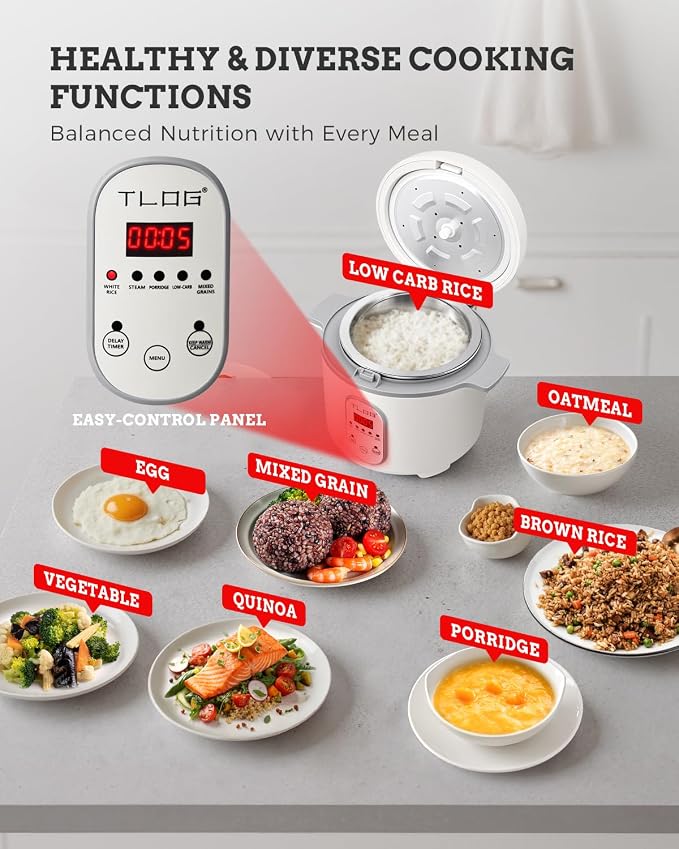 TLOG Low Carb Rice Cooker, 4-Cup Uncooked, 2L, 5 Presets, 24H Timer | 304 stainless steel steamer basket, automatic keep warm, low-sugar cooking, for rice, grains and everyday meal prep