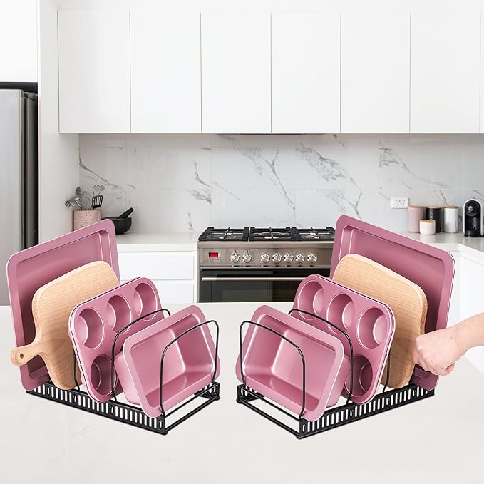Toplife 10+ Bakeware Organizer Rack for Kitchen Bakeware, Cookware, Dinnerware, Cutting Boards, Plates, Pot and Pan Lids (Black)