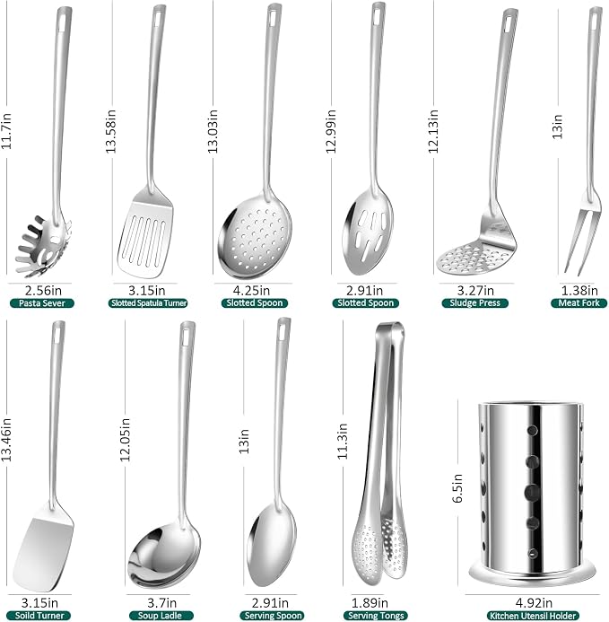 Lazycorner Kitchen Utensils Set, 11pcs Stainless Steel Cooking Utensils Set with Holder – Includes Turners, Potato Masher, Spatula, Spoons, Pasta Server, Tongs, Soup Ladle, Serving Spoon