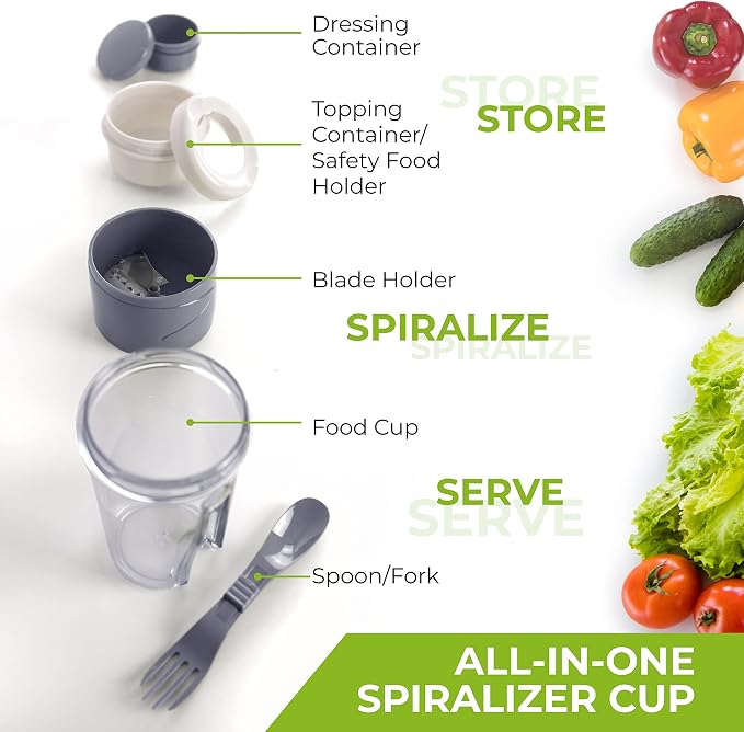 Mueller Spiralizer for Veggies, Salad Container for Lunch - All-In-One Food Prepper, Zucchini Noodle Maker, Vegetable Spiralizer, Comes with Fork, Salad Dressing Container/Spice-Nut Containers