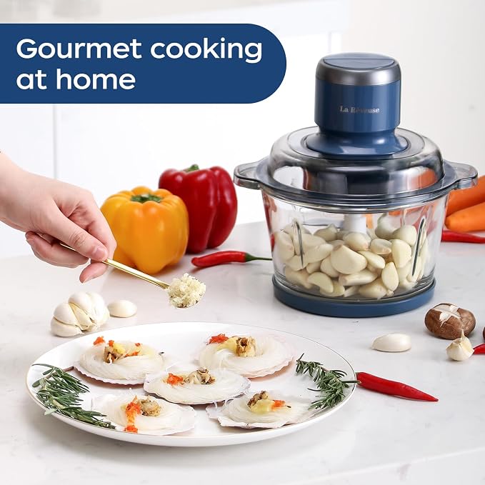 La Reveuse Electric Food Processor, 7-Cup Food Chopper Glass Bowl, Blue | for Chopping, Grinding, Mincing, Whisking, Meal Prep, 2-Layer Chop Blade, (1) Whisking Disc, (1) Spatula, 300W, LARB4016