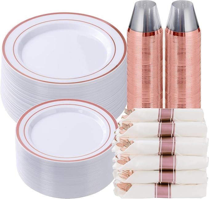 350 Piece Rose Gold Plastic Dinnerware Set for 50 Guests | Disposable Dinnerware Includes: 50 Dinner Plates, 50 Dessert Plates, 50 Pre Rolled Napkins with Silverware, 50 Cups
