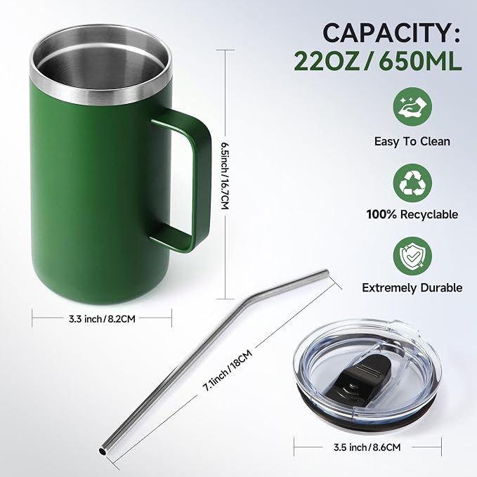 Volhoply 22oz Insulated Stainless Steel Coffee Mug with Leakproof Lid,Double Wall Vacuum Travel Coffee Cup with Handle,Reusable Metal Tumbler,Camping Mugs Keep Hot&Cold(Army Green,1)