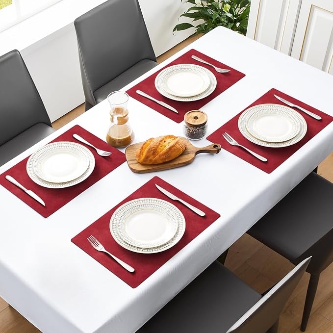 MOSAYT Vinyl Placemats Set of 8-12 X 17 Inch - Faux Leather 100% Waterproof Oil-Proof Wipeable PU Place Mats, Heat Resistant Reversible Table Mats for Kitchen, Dining, Outdoor, Red