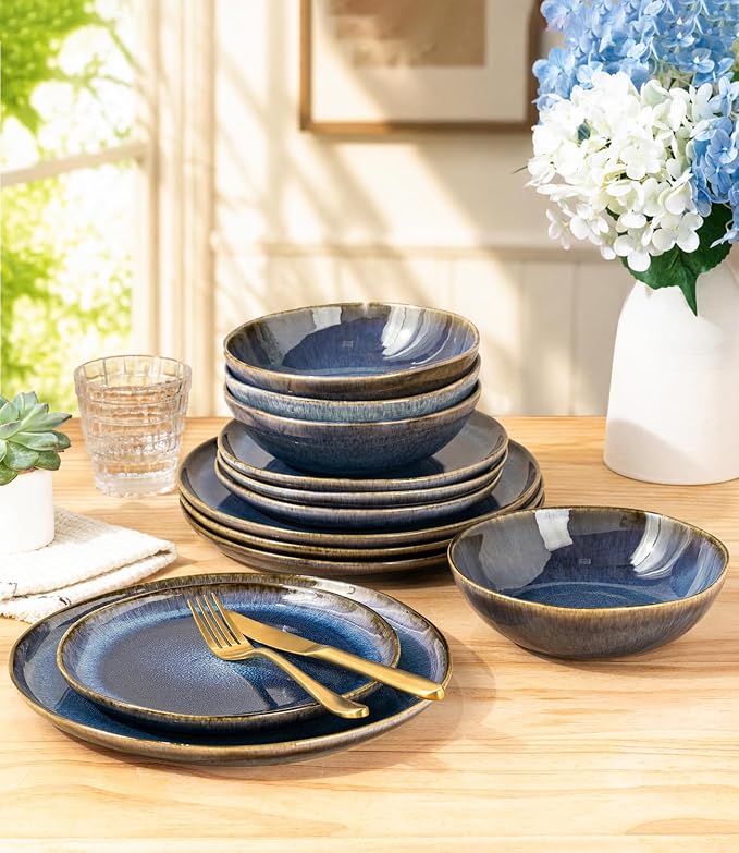 AmorArc Ceramic Dinnerware Sets for 6, 18Pcs Plates and Bowls Sets Dishes | Stoneware Handmade Reactive Glaze Dinner Set, Highly Scratch Resistant | Dishwasher & Microwave Safe Dishware