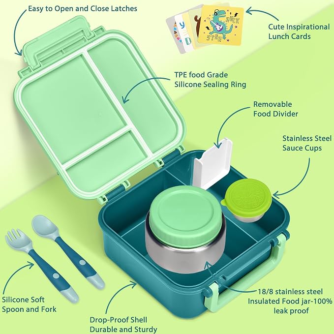Kids Bento Lunch Box with 9oz Soup Thermo Leakproof Lunch Food Containers 4 Compartment with Insulated Hot Food Jar for Kid Toddler Girls Boys to School, Trvael