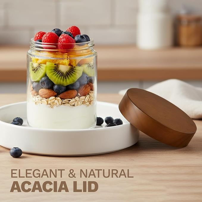 Bumobum 16 oz Overnight Oats Jars with Wood Lids, 4 Pack Chia Pudding Jars | Acacia Wood Lids, Airtight Seal, Easy to Fill, Food Storage Containers for Snacks, Yogurt, Spices, Coffee and Meal Prep