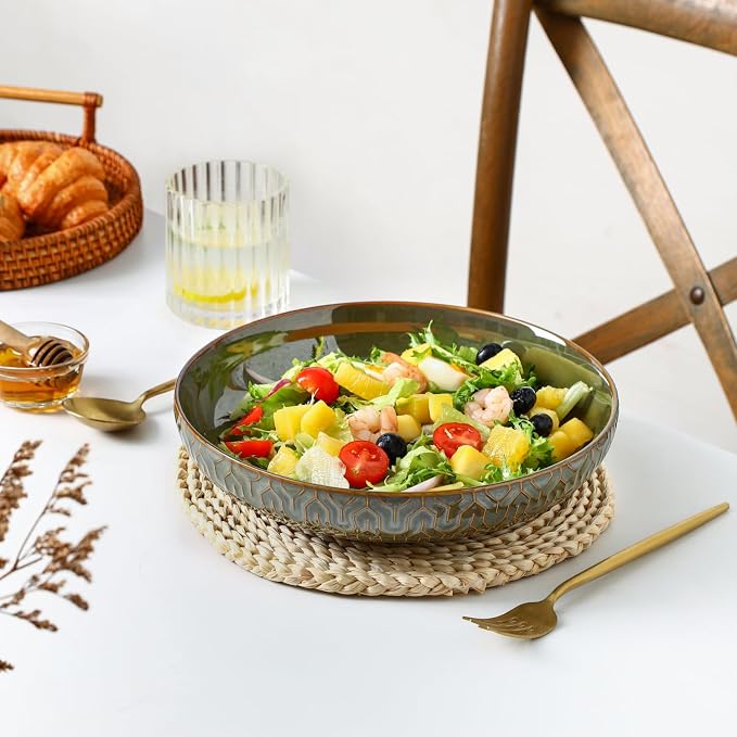 Sureasy 9.7" Pasta Bowls Set of 4, 42 oz Large Salad Bowls for Kitchen, Embossed Ceramic Serving Bowls for Fruits, Soup, Pasta and Salad, Microwave & Dishwasher Safe, Green