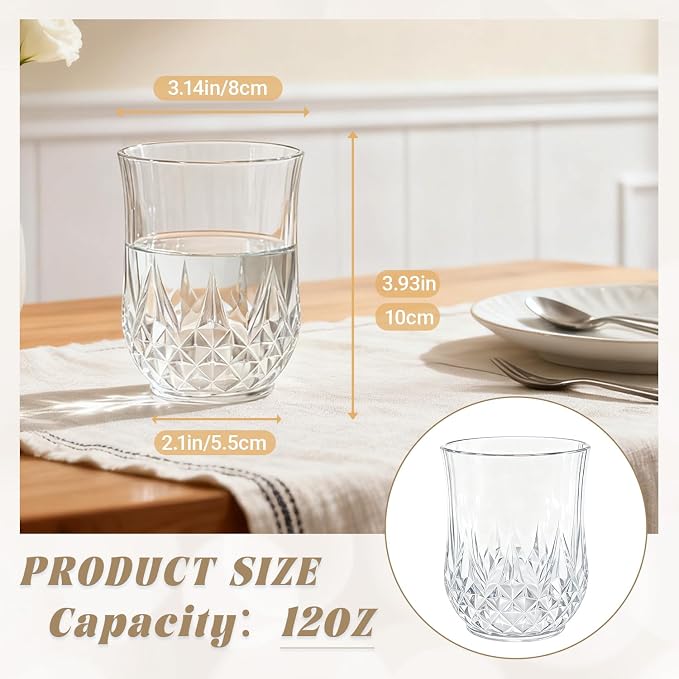 100 Pack Plastic Stemless Wine Glasses, 12oz Unbreakable Wine Cups | Reusable Fancy Vintage Drinking Glass Bulk for Cocktail, Whiskey, Juice, Elegant Decor for Wedding, Party & Holiday Events
