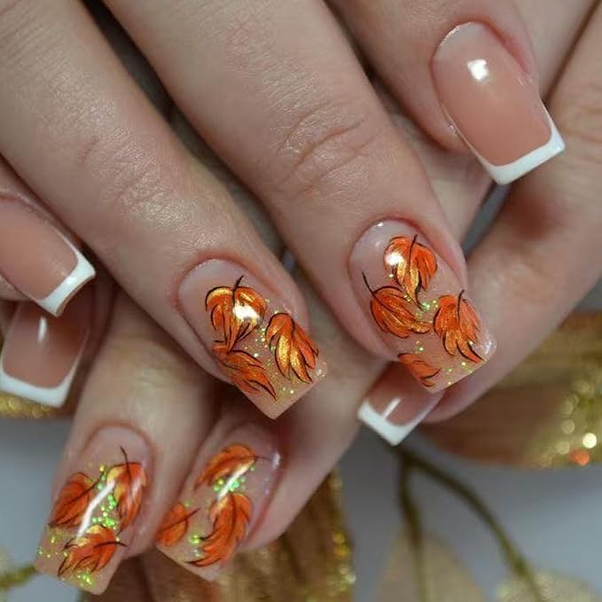 24 Pcs Fall Press on Nails Medium Square Fake Nails with French Tip Glitter Maple Leaves Designs Nails Press ons Orange White Acrylic Nails Autumn Stick on Nails for Women