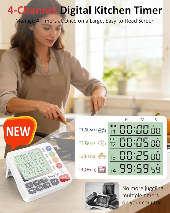 Digital Kitchen Timer with 4 Channel, Loud Alarm and Silent Mode | Magnetic Cooking Timer with Count Up & Countdown for Kids and Seniors, Large Display to Read, Auto Memory, Battery Included