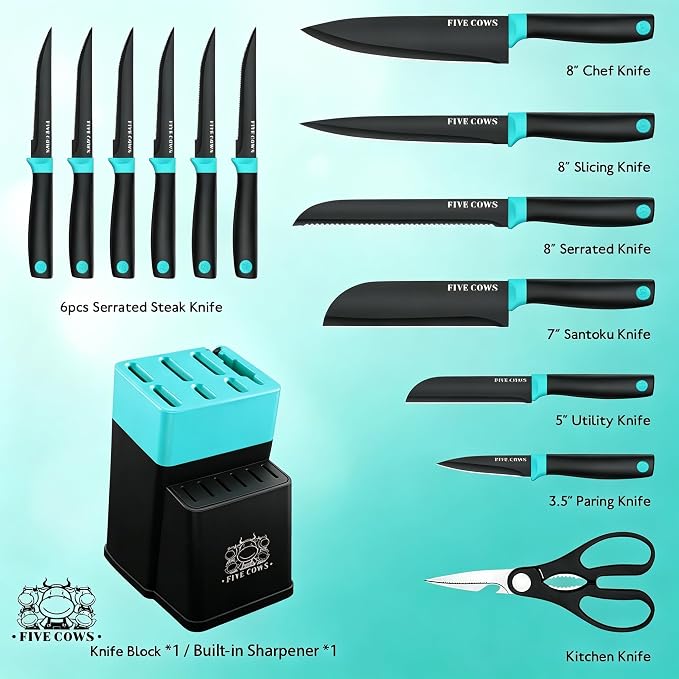14 Pcs Kitchen Knife Block Set with Sharpener (Green) | German High Carbon Stainless Steel Chef Knives, Ultra Sharp & Durable. Lightweight Anti-Slip Handle, Great For Home Cooking