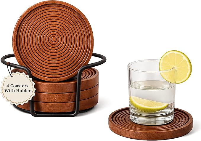 Folkulture Wooden Coasters for Drinks for Coffee Table Decor, Set of 4 | Boho Coasters Set, Rustic Farmhouse Coaster for Dining Table, 4" Round Wood Coaster with Holder