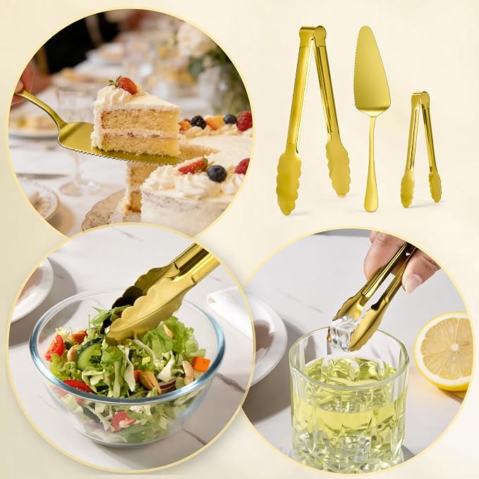 Artcochan 12 PCS Gold Serving Utensils, Stainless Steel Flatware Set Includes Large Serving Spoons, Slotted Spoons, Ladle, Forks, Tongs, Appetizers Tongs and Cake Server for Buffet Party Catering