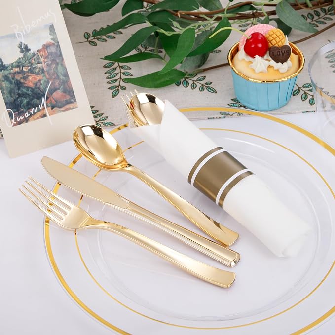 DaYammi 350PCS Clear Gold Plastic Dinnerware Set for 50 Guests Gold Plates Disposable Include: 50 Dinner Plates, 50 Dessert Plates,50 Pre Rolled Napkins with Gold Silverware,50 Cups for Party Wedding