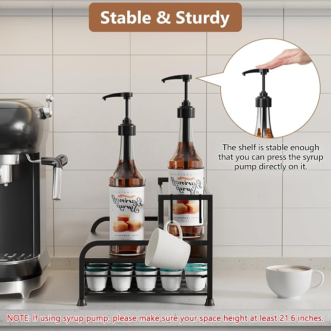 Coffee Syrup Rack Organizer, with Anti-Fall K-Cup Pod Holder Drawer | Black Metal Rack for 8 Syrup Bottles, Countertop Bottle Holder Stand for Wine, Space-Saving Design for Kitchen Cafe Station