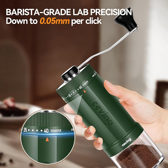 CEVING World's First 60g Large Capacity Manual Coffee Grinder, Green | 40 External Settings, Portable Hand Coffee Bean Mill with Stainless Steel Conical Burr for Travel, Camping, Pour Over & Gift