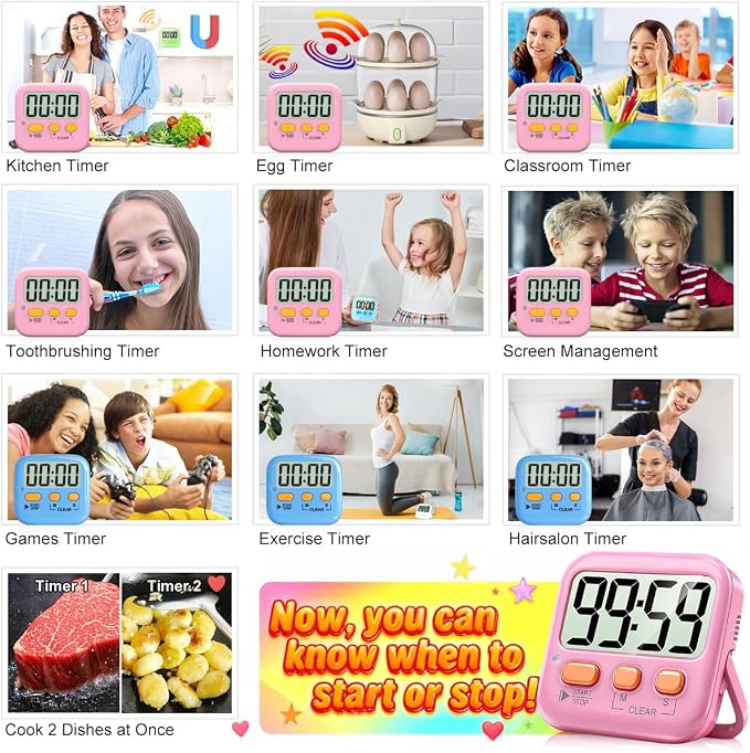 2 Pack Digital Timer for Kids Classroom Kitchen Timers for Cooking | w/ Battery, Easy to View, Alarm, Mute Mode, Count Down/Up, Magnetic, Kickstand, Hanging, Classroom Timer for Teacher Supplies