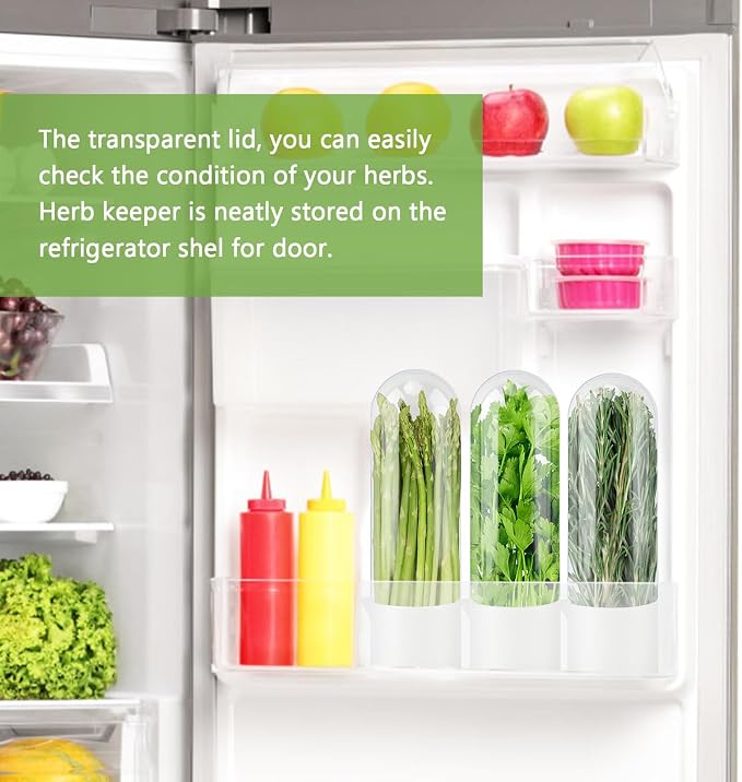 3 Pack Herb Keeper for Refrigerator, Vertical Herb Keeper for Fridge with Scissors, Vegetable Preservation Container for Cilantro, Parsley, Mint&Asparagus, Extends Freshness for 2-3 Weeks