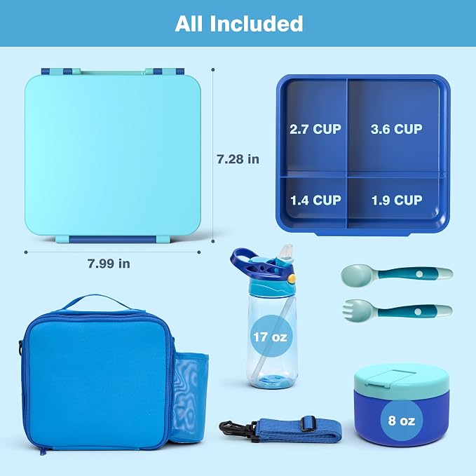 HOMEKOL Bento Lunch Box Set for Kids, Blue | with Stainless Steel Insulated Food Jar, Plastic Water Bottle, Bag and Silicone Spoon and Fork for Boys Girls