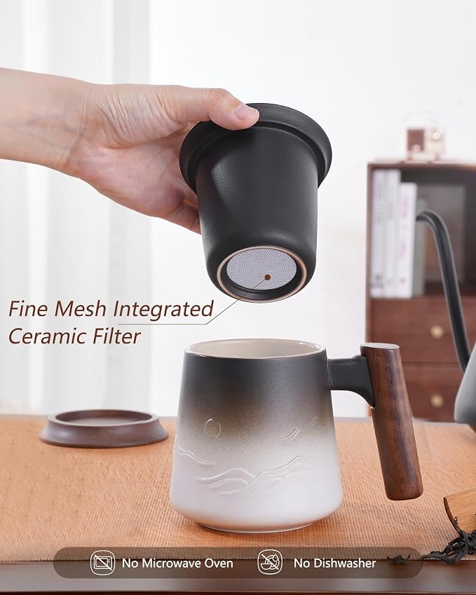 ZENS Tea Infuser Mug with Lid for Loose Tea Steeper, 14.5oz White | Embossed Ceramic Tea Cup with Infuser for Herbal Tea Difussers, Tea Lovers Gifts, Modern Organic Wood Handle
