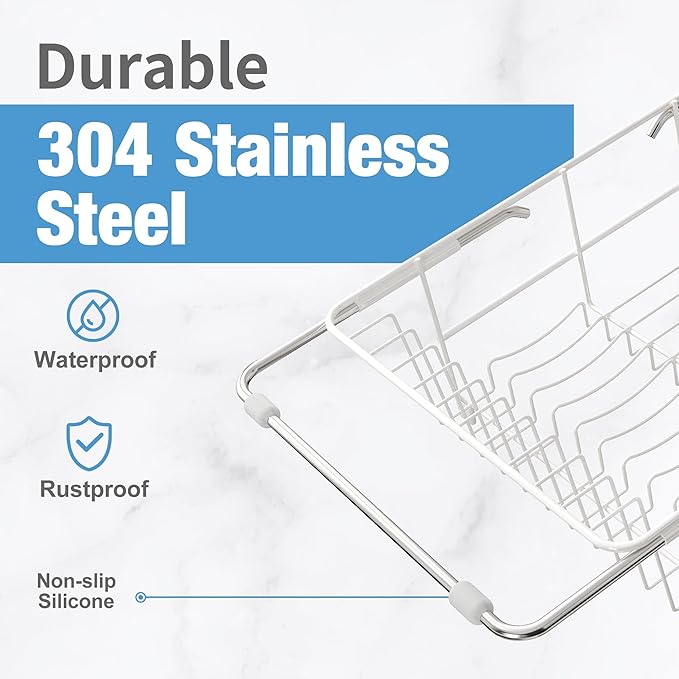 JASIWAY White Dish Drying Rack in Sink with Drainboard and Utensil Holder | Use Over the Sink or Counter, Stainless Steel Expandable Dish Drainer for Small Kitchen, Space Saving, Fast Drain, Rustproof
