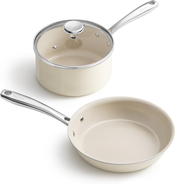 Redchef Nonstick Mini Cookware Set, 8"Ceramic Fry Pan 2.5Qt Sauce Pan with Lid, Fryingpan & Pots Set, Induction Compatible, Nontoxic, Oven Dishwasher Safe, PTFE & PFOA Free, Beige