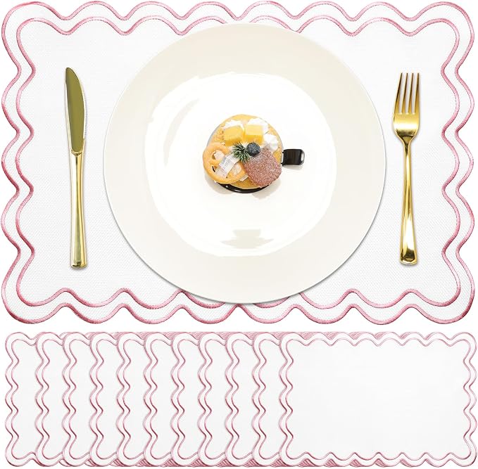 Linen Placemats Set of 12 Scalloped Placemat 13 X19 Wavy Embroidery Double Layered Washable Farmhouse Dinner Fabric Table Mat Napkin for Wedding Party Restaurant(Regular,Pink)