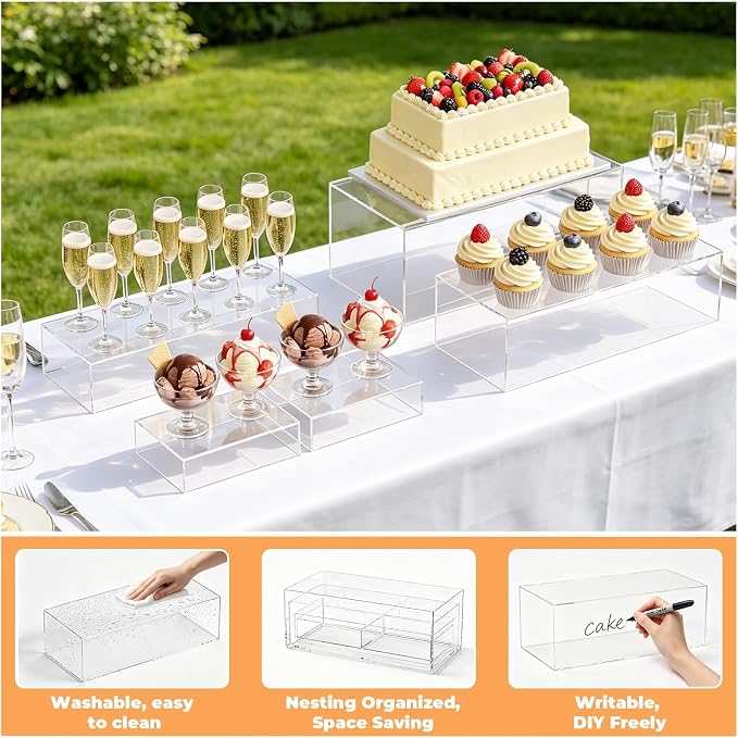 Extra Large 15.5 Inch Acrylic Buffet Risers Stands, 5 PCS Clear Food Risers for Buffet Table, Tiered Rectangle Dessert Table Display Set, Party Food Display for Catering Supplies