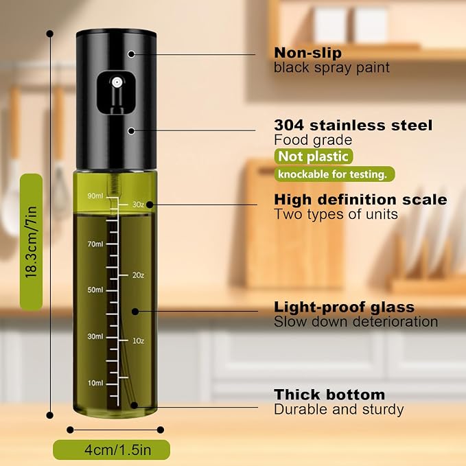 Oil Sprayer for Cooking, Light-Proof Olive Oil Sprayer Mister with Scale, 100ml Olive Oil Spray Bottle, Air Fryer Vegetable Vinegar Oil Portable Mini Kitchen Gadgets for Baking, Salad, Grilling, BBQ
