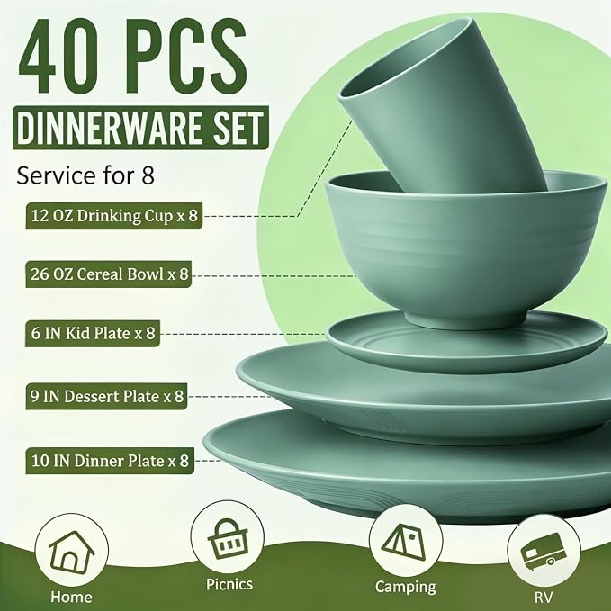 Wheat Straw Dinnerware Sets 40 PCS Unbreakable Dishes Set for Kitchen, Outdoor, Camping Dishes Plates and Bowls Sets with Cups, Dessert Plates, Dishwasher & Microwave Safe - Green