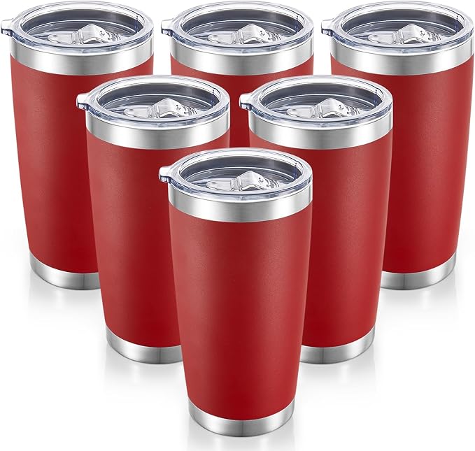 20 oz Tumblers Bulk Stainless Steel Tumbler with Lid, 6 Pack | Wine Red, 20oz Insulated Coffee Mug, Double Wall Vacuum, Powder Coated Cup, for Hot and Cold Drinks