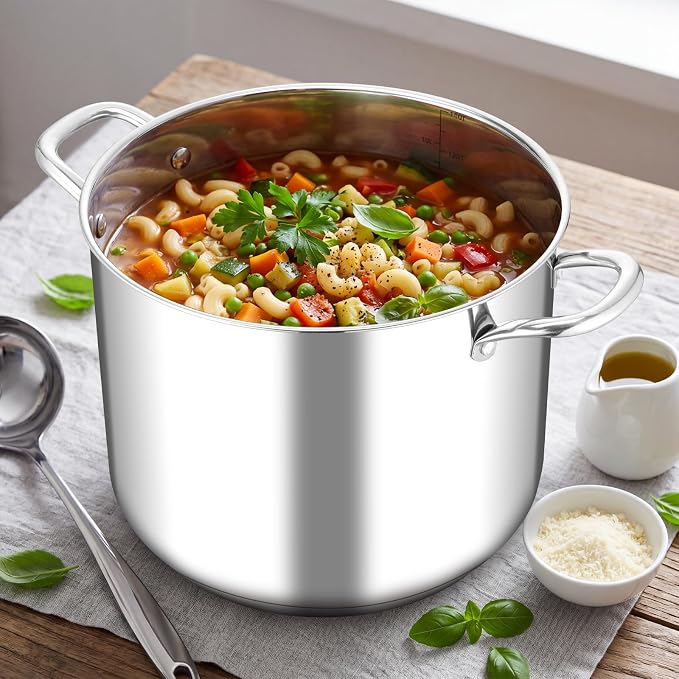 Leonyo 14Qt Stock Pot with Lid, Large Stainless Steel Stockpot for Cooking | 3-Ply Heat-conducting Base for All Stoves, Stewing & Boiling & Simmering