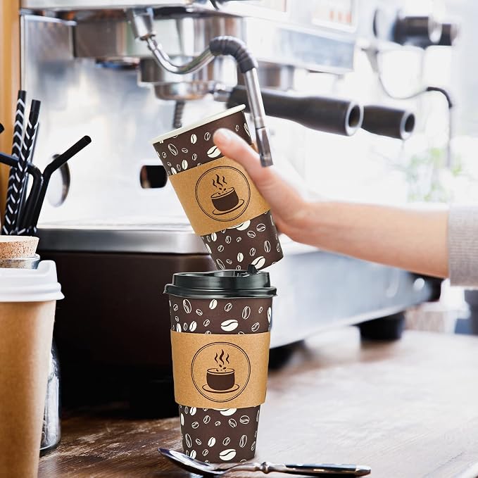 JOLLY PARTY Disposable Coffee Cups with Lids, Sleeves and Straws - 16oz(100 Pack) Paper Coffee Cups with Lids, Durable, BPA Free Hot Cup for Shops, Cafes, and Concession Stands(Dark Brown)