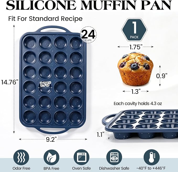 Vinino 24 Cup Silicone Muffin Pan with Metal Reinforced Frame | Nonstick, Food Grade Silicone, Easy Release, Oven Safe, Up To 446°f, Dishwasher Safe, Perfect for Muffins and Cupcakes