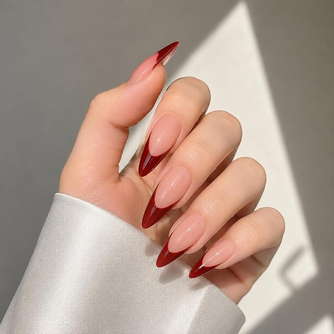Hand Made Press on Nails with Red French Tip Designs Long Stiletto Fake Nails Glossy Nude False Nails Luxury Handmade Solid Color Stick on Fingernails for Women 10pcs(S)