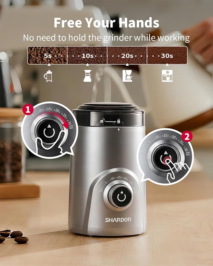 SHARDOR Electric Super Silent Blade Coffee Grinder, Timed Grind Control Rotary Knob, Adjustable Coarse to Fine for Coffee Beans, Spices & Herbs, Silver