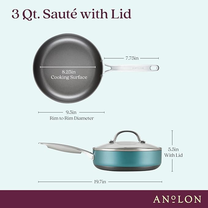 Anolon Achieve Hard Anodized Nonstick Sauté Pan with Lid, 3 Quart - Teal