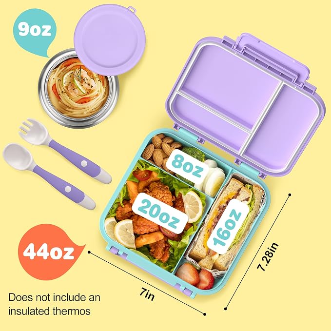 Bento Lunch Box for Kids with 9oz Thermo, Leak-proof Lunch Containers with 3 Compartments,Kids-friendly Size,Durable/Dishwasher Safe Lunch Box for School Outdoors-Purple-blue