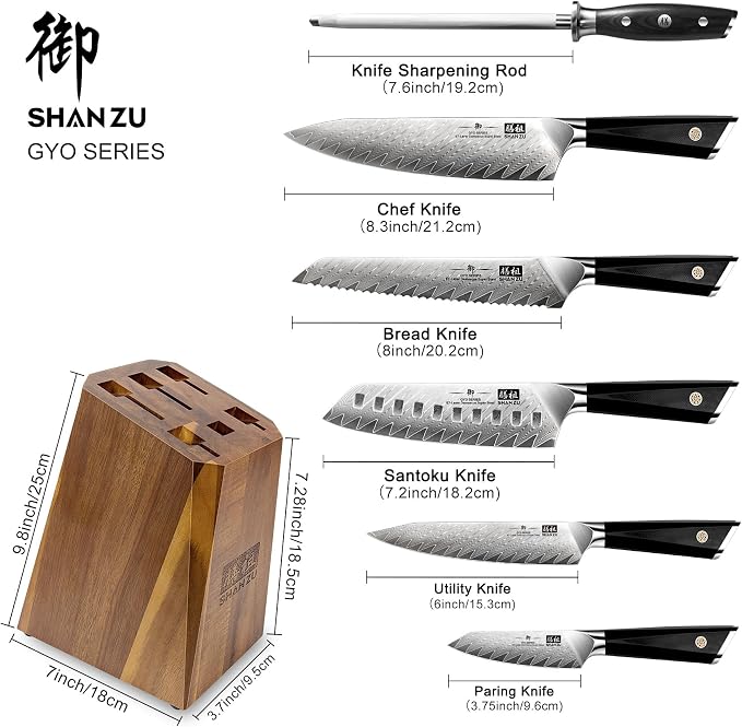 SHAN ZU 7-Piece Damascus Knife Set | Professional Kitchen Knife Sets for Chefs, Japanese 10Cr15MoV Super Steel Knife Block Set With G10 Handle , GYO Series