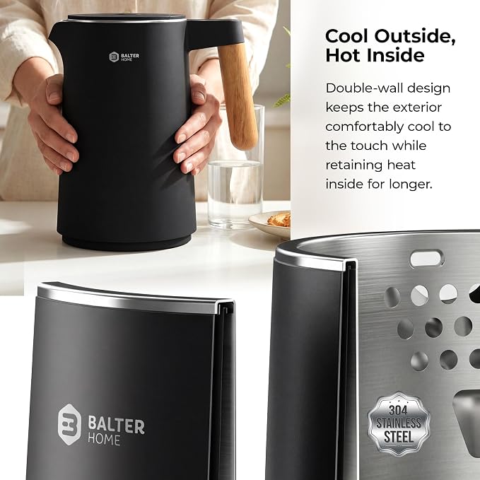 BALTER Electric Kettle with Temperature control, 113 °F – 212 °F, Tea pot, Stainless steel, double wall water kettle, BPA-free, quiet tea kettle, 1.5 L, 2200 W, Black