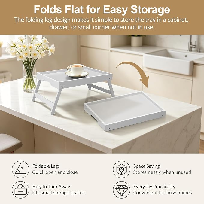 Bamboo Breakfast Trays with Folding Legs, Medium, 2-Pack, White | Set of 2 bamboo bed trays with folding legs and wave handles for meals, laptops and serving in bed or on sofa.