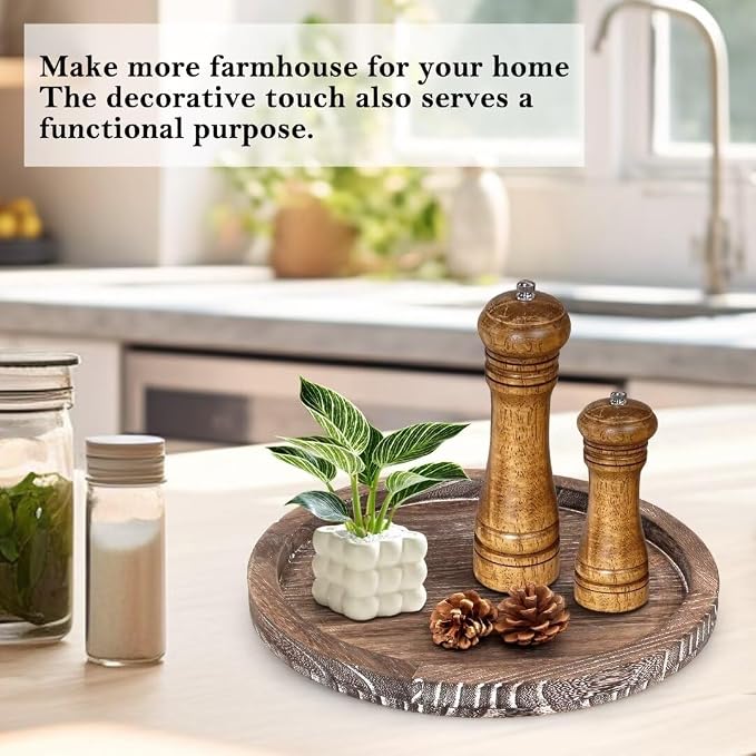 Round Decorative Wooden Serving Trays for Ottoman Coffee Table Tray Decor | Farmhouse Large Wood Candle Holder Rustic Dining Table Centerpiece Rustic Kitchen Home Decoration Circle Perfume Dresser Tray